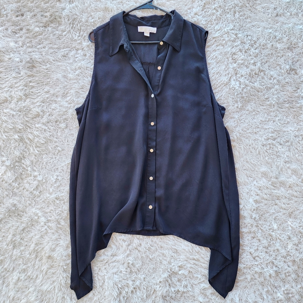 Michael‎ Kors Plus Size Black Handkerchief Hem Button Front Shirt